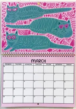 Cat calendar wall planner showing monthly grids with feline illustrations on A4 paper