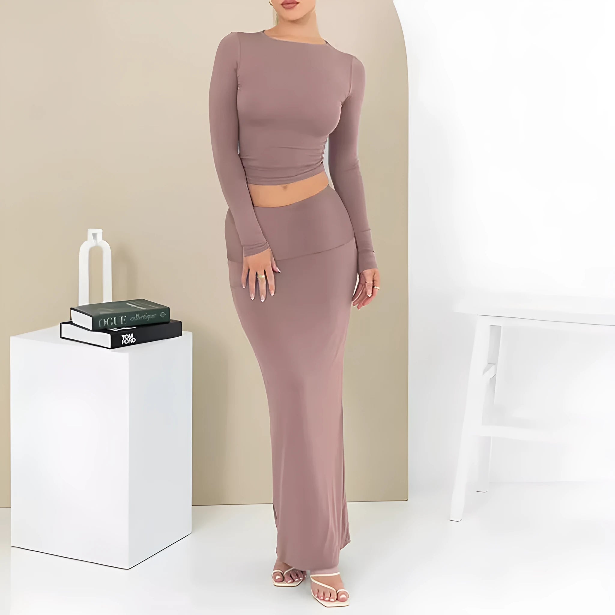 Women's polyester two-piece suit set with three-quarter sleeve top and long skirt in fresh sweet style