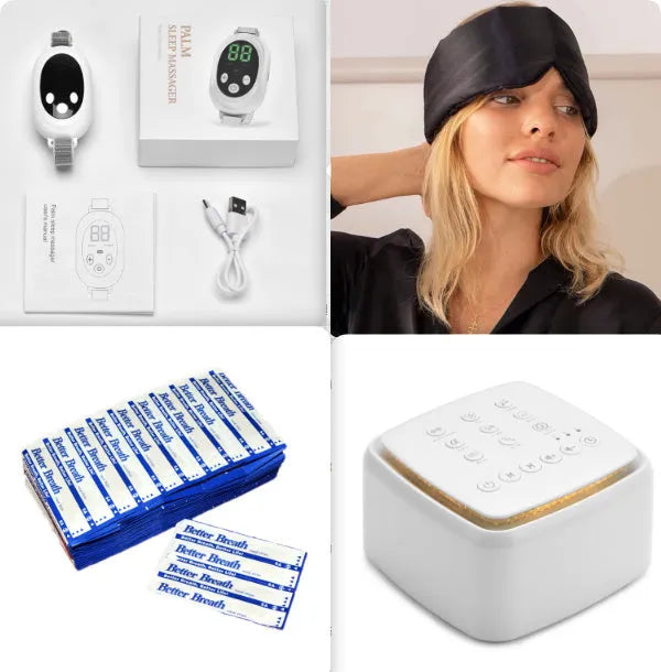 White intelligent sleep aid device with handheld remote control showing adjustable settings