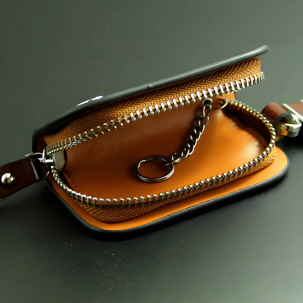 Genuine leather car key case with zipper in frosted black or brown.