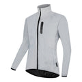 Silver waterproof polyester long sleeved jacket for outdoor wind and rain protection.