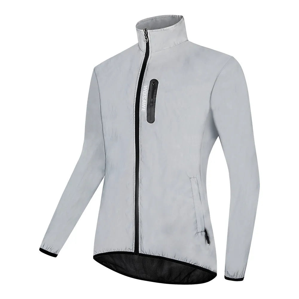 Silver waterproof polyester long sleeved jacket for outdoor wind and rain protection.