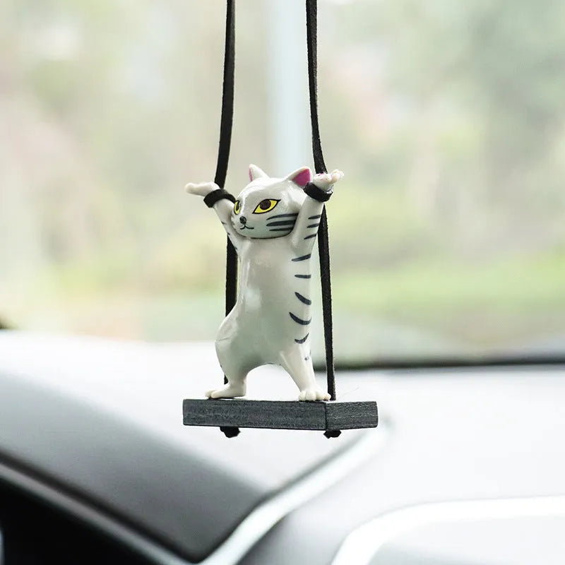 Cartoon-style resin cat pendant on adjustable rope for car interior decoration
