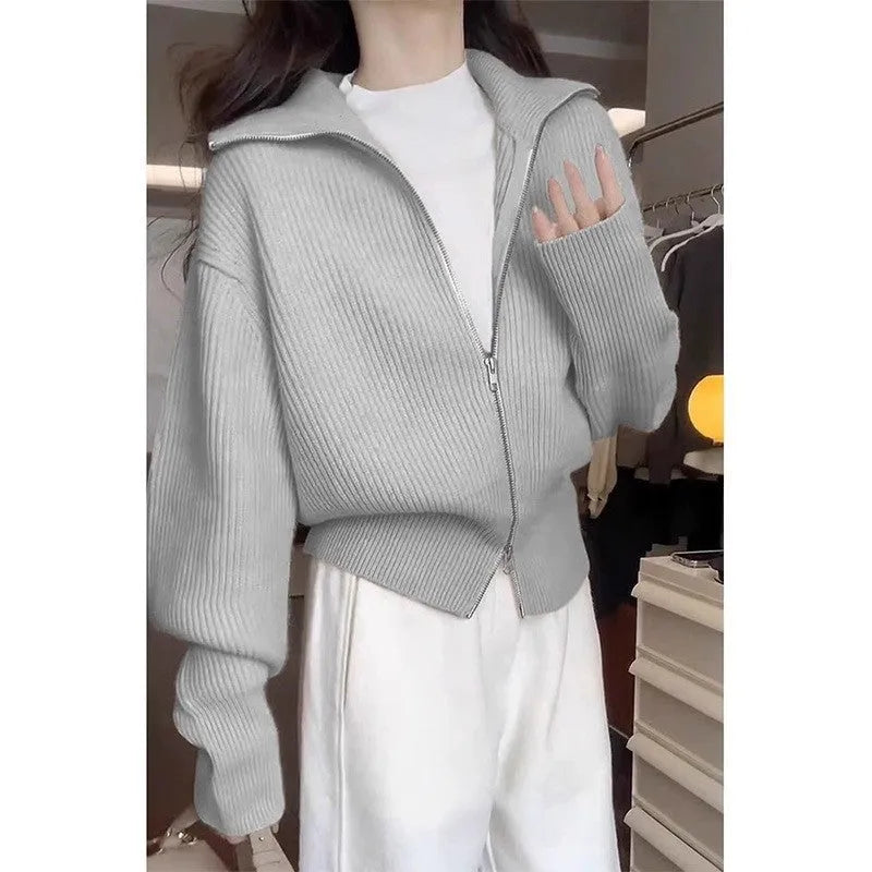 Hong Kong style grey double zipper knitted cardigan with floral pattern, loose fit.