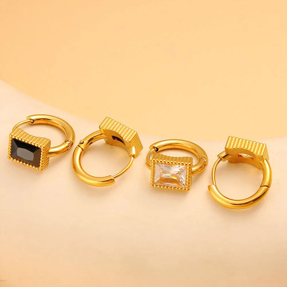 Square zircon stainless steel geometric earrings in black, green and white colours