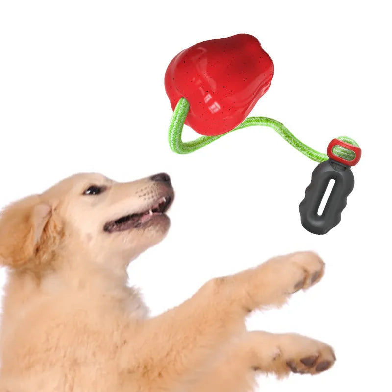 Plastic apple-shaped dog chew toy with molar texture and hollow centre for food dispensing.