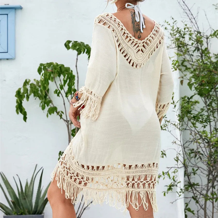 Women's apricot crocheted patchwork dress with mid-length skirt and regular sleeves