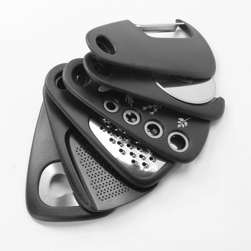 Six kitchen widgets and cleaning brush in modern colour box, made from stainless steel and PP materials