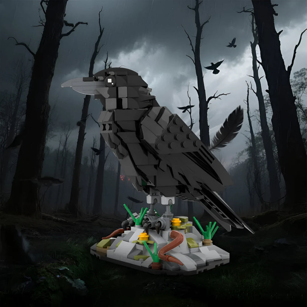Small particle creative crow model assembled toy building block set in crow colour on white background