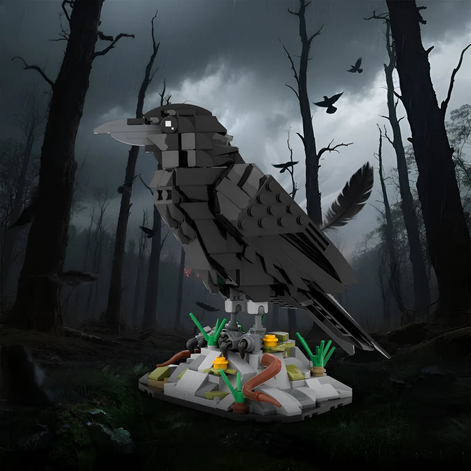 Small particle creative crow model assembled toy building block set in crow colour on white background