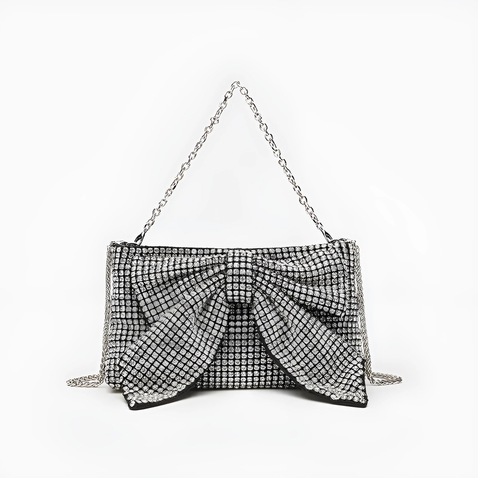 Fashion evening banquet full crystal rhinestone single shoulder chain crossbody bag bow shape polyester silver colour