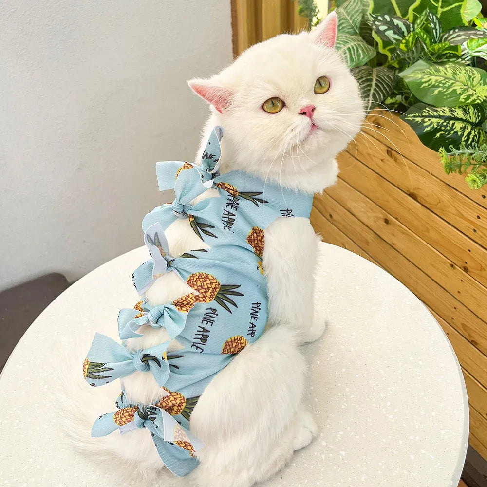 Lace-up cat sterilization clothing in polyester for post-operation recovery, shown in multiple colour options
