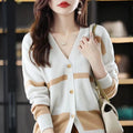 Women's striped knitted cardigan with 3D pattern, V-neck, and button front in slim fit