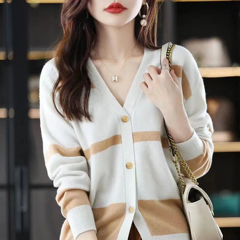 Women's striped knitted cardigan with 3D pattern, V-neck, and button front in slim fit