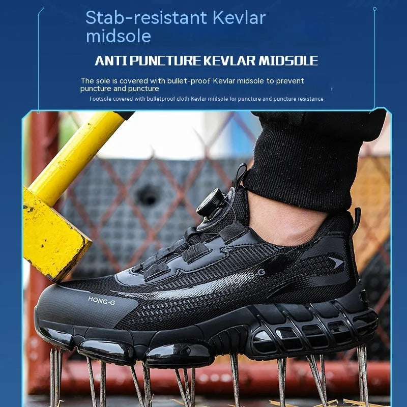 Lightweight low-top work safety shoe with a Flyweave upper, front lacing, and a steel toe cap.