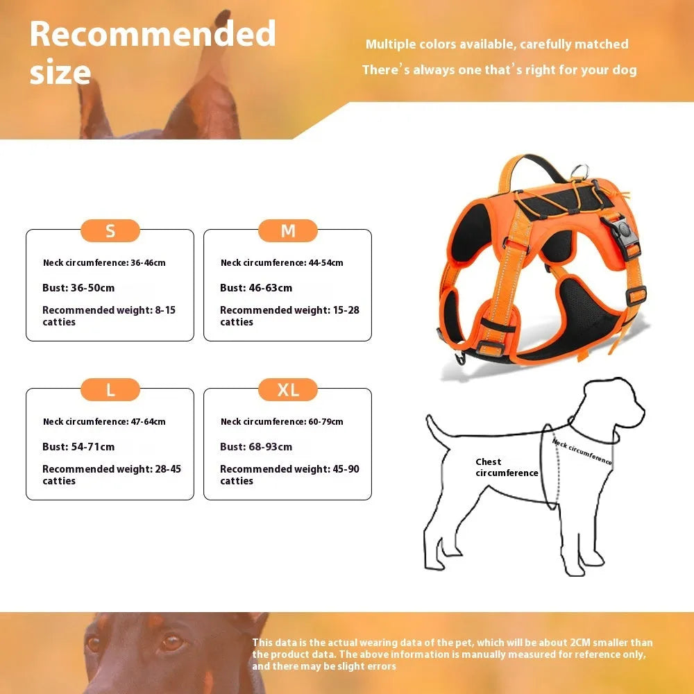 Orange explosion-proof dog harness vest with reflective strips and a black hand grip rope attached.