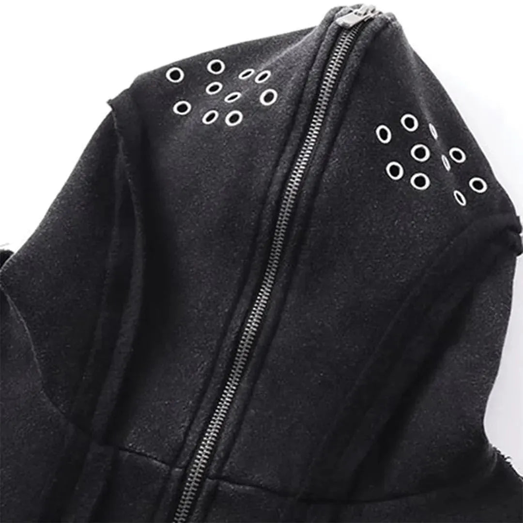 Black cotton padded cardigan coat with hooded design and abstract pattern