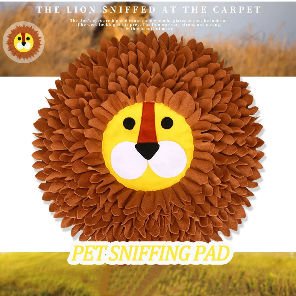 Brown lion-shaped pet sniffing pad with textured fabric for hiding dog or cat food.