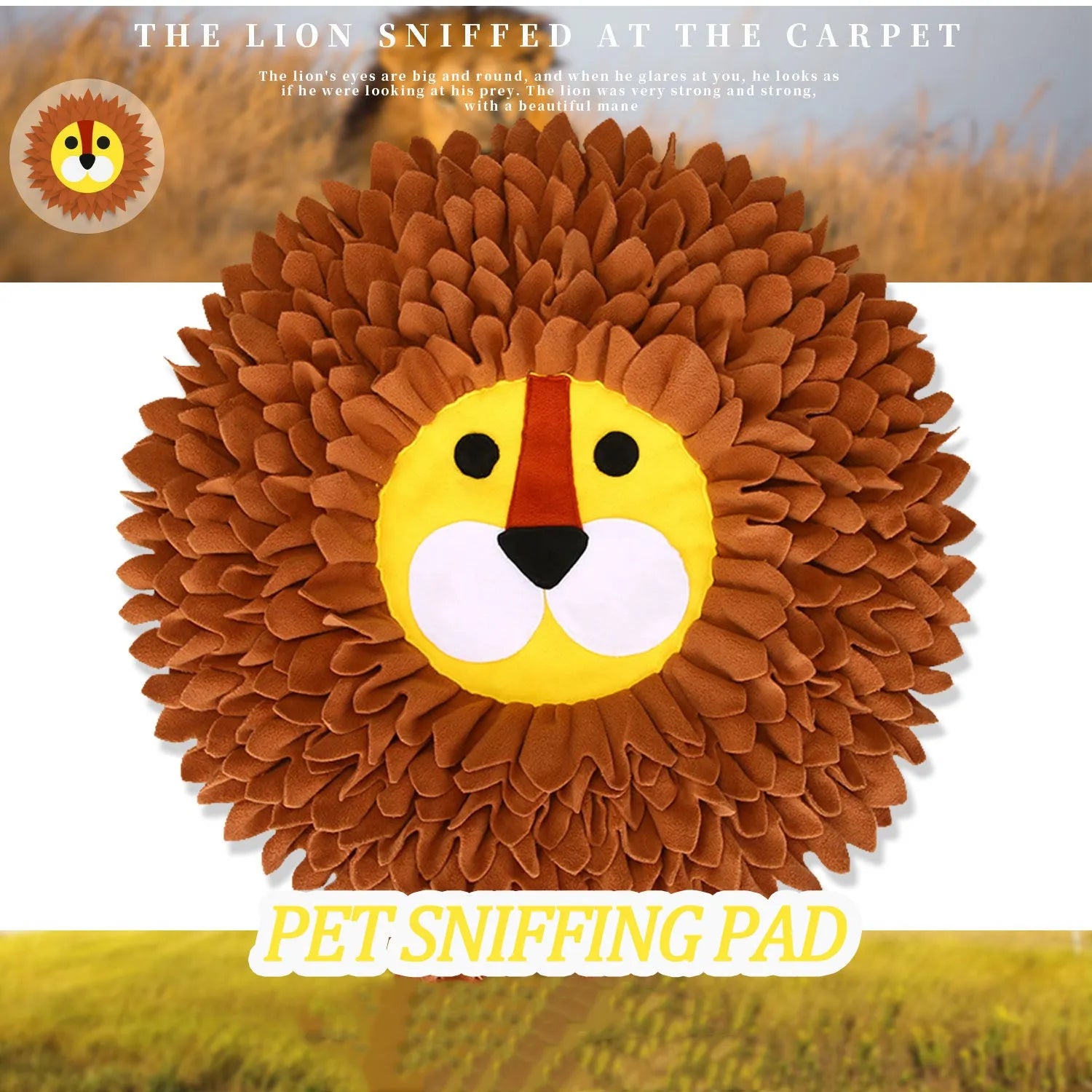 Brown lion-shaped pet sniffing pad with textured fabric for hiding dog or cat food.