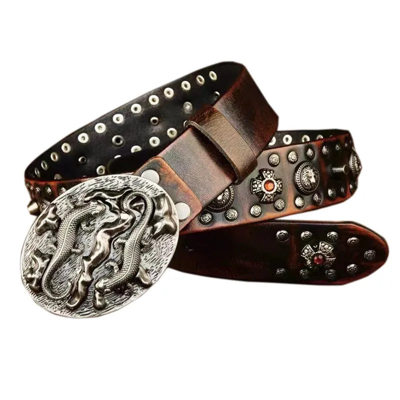 Men's genuine leather belt with punk rivets and an alloy buckle in a retro colour