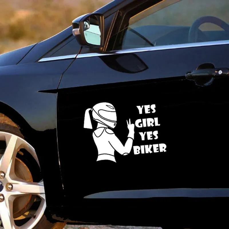 Cool girl rider character car sticker in waterproof pet material, size 16cm by 15cm