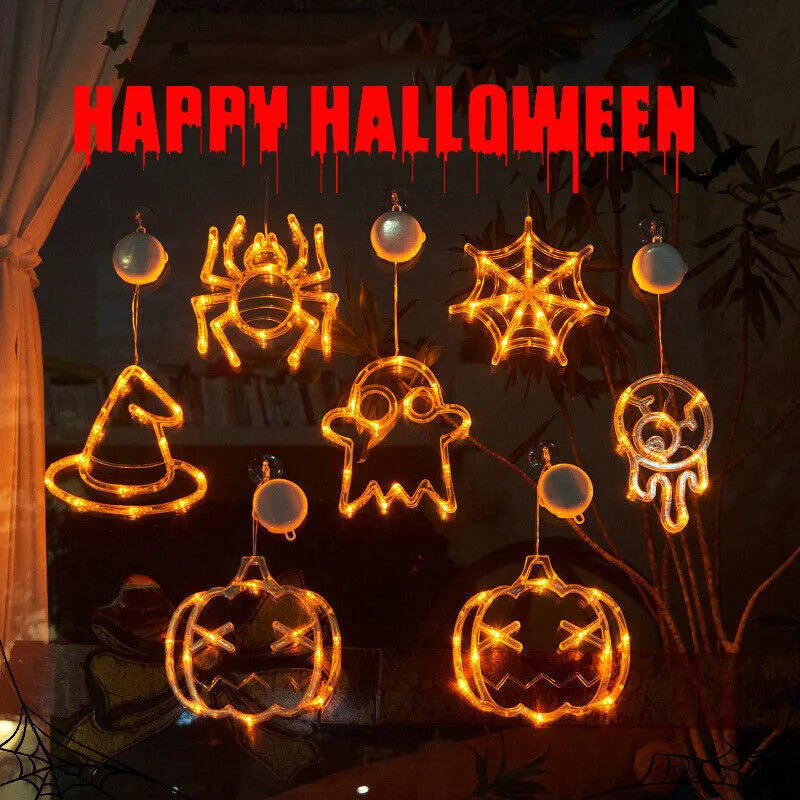 Halloween window hanging LED lights set with spider, pumpkin and ghost designs
