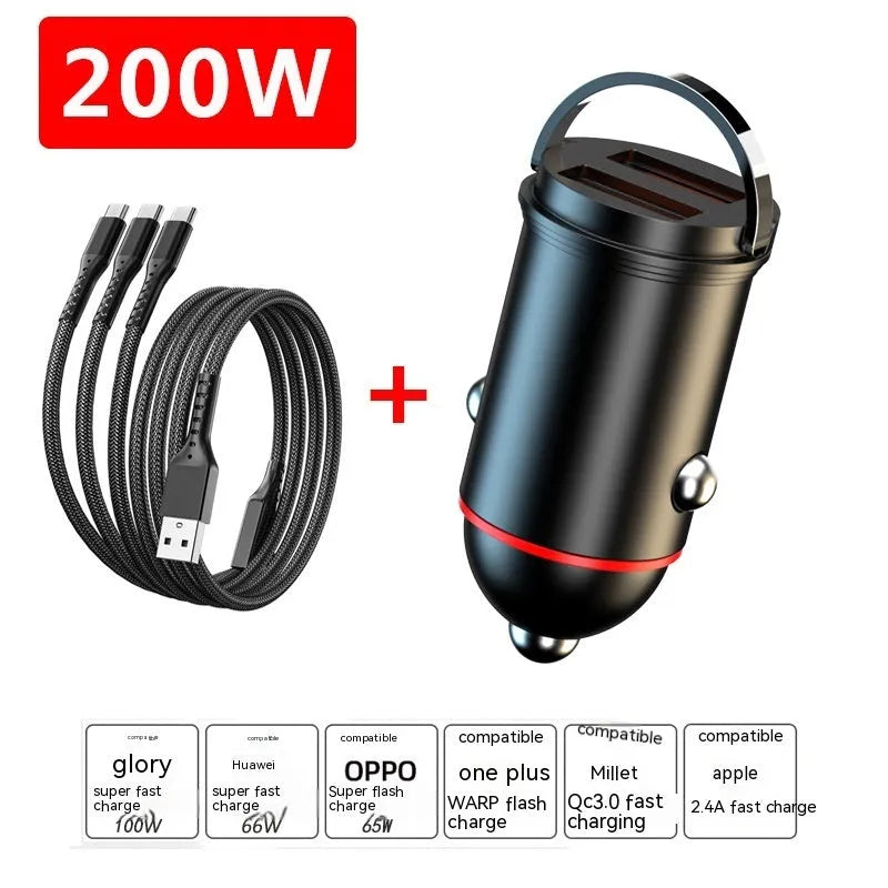 Black zinc alloy car charger with USB port, showing compact dimensions for vehicle use.