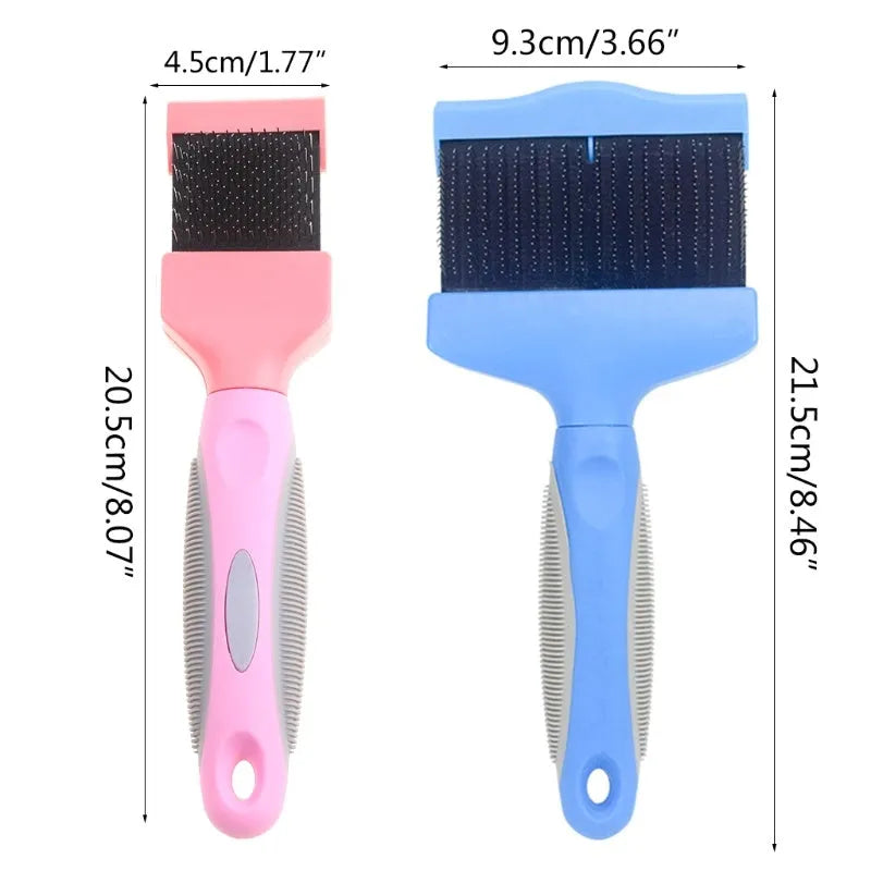 Double-sided pet brush with stainless steel pins and ABS plastic handle in blue or pink colour options
