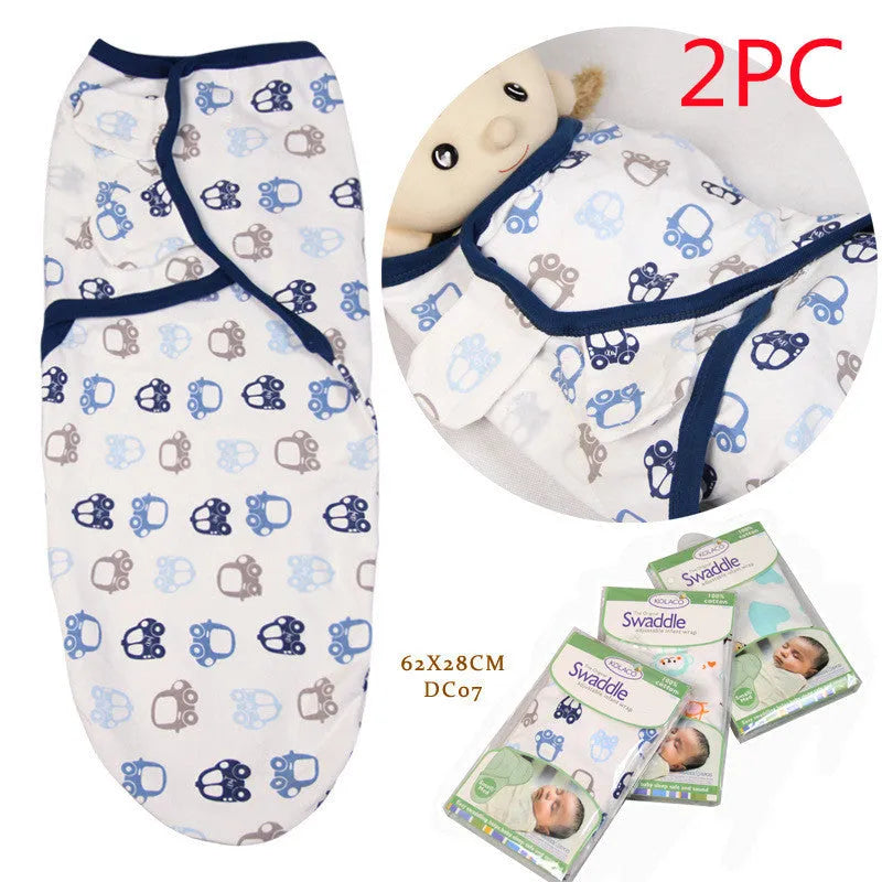 Cotton baby anti-startle swaddle wrap in blue with cartoon print, size 62x28 cm