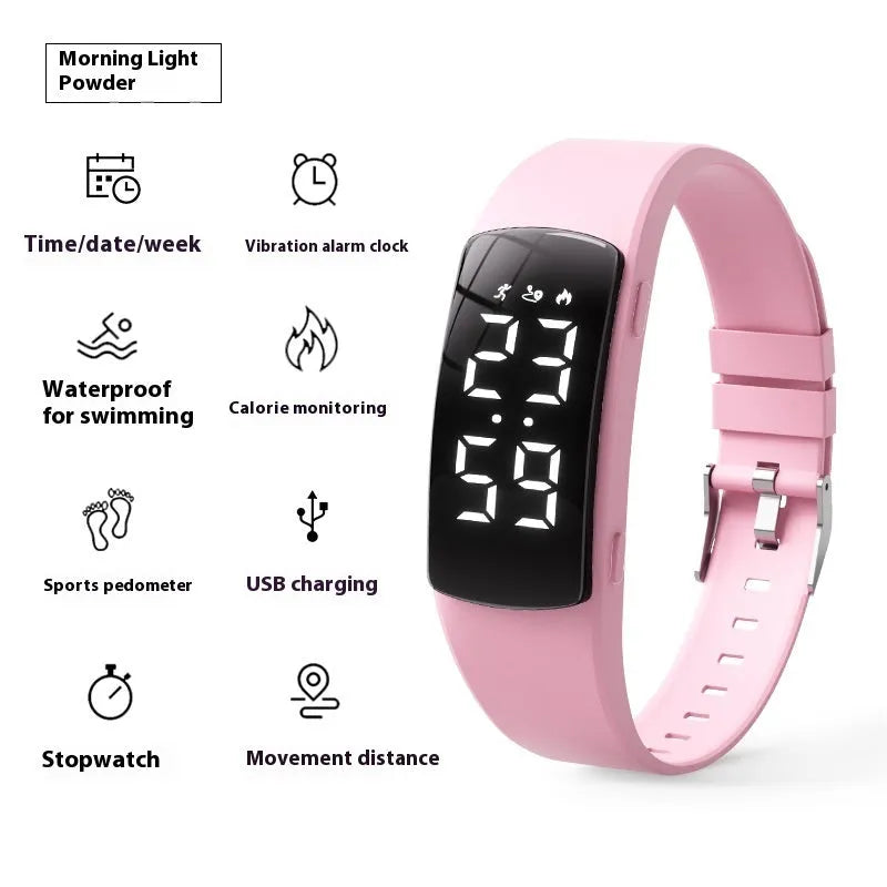 Vibration alarm smart watch with coloured silicone strap and LED display on wrist