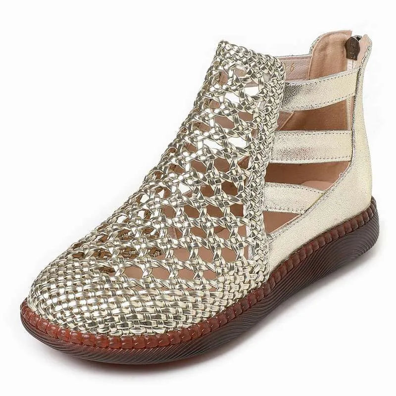 Flat soft-soled comfort sandals in gold with hollow-out PU upper and TPR sole