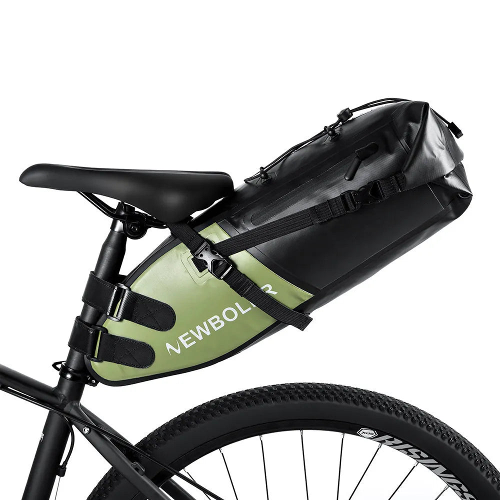 Waterproof PVC bicycle tail bag in black, green or yellow with 13L capacity for outdoor cycling