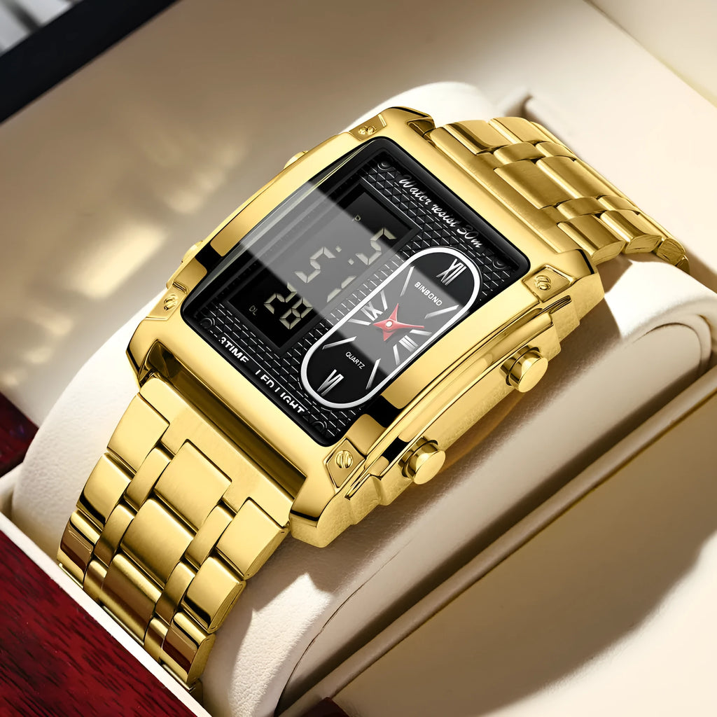 Men's creative steel belt electronic watch with black steel surface and multi-functional display