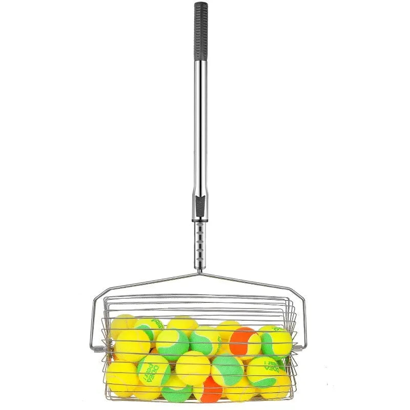 Stainless steel tennis ball picker roller with adjustable handle on a tennis court