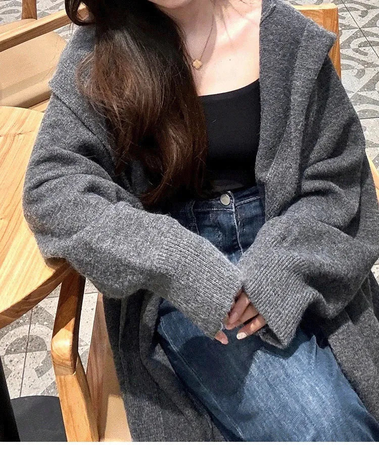 Korean style hooded long knitted cardigan for women in brown colour, below knee length