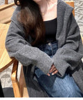 Korean style hooded long knitted cardigan for women in brown colour, below knee length