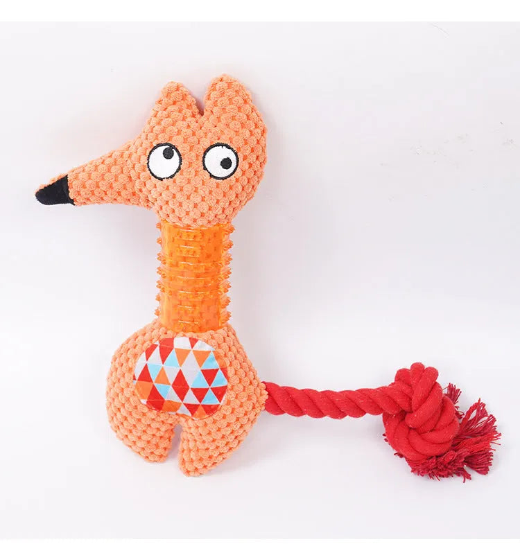 Blue corn kernel TPR dog squeaky toy with cotton rope tail on white background