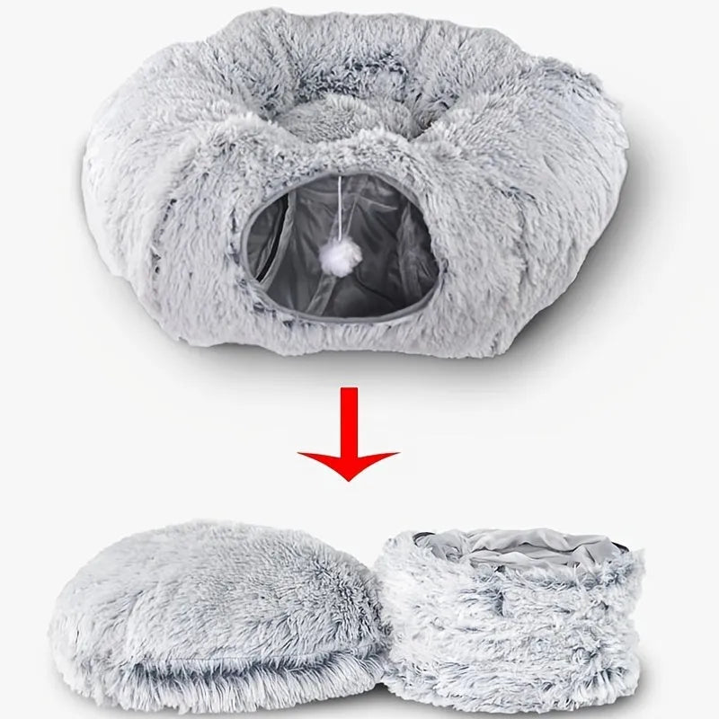 Round plush winter cat nest with attached tunnel in gray colour, foldable pet bed for indoor cats