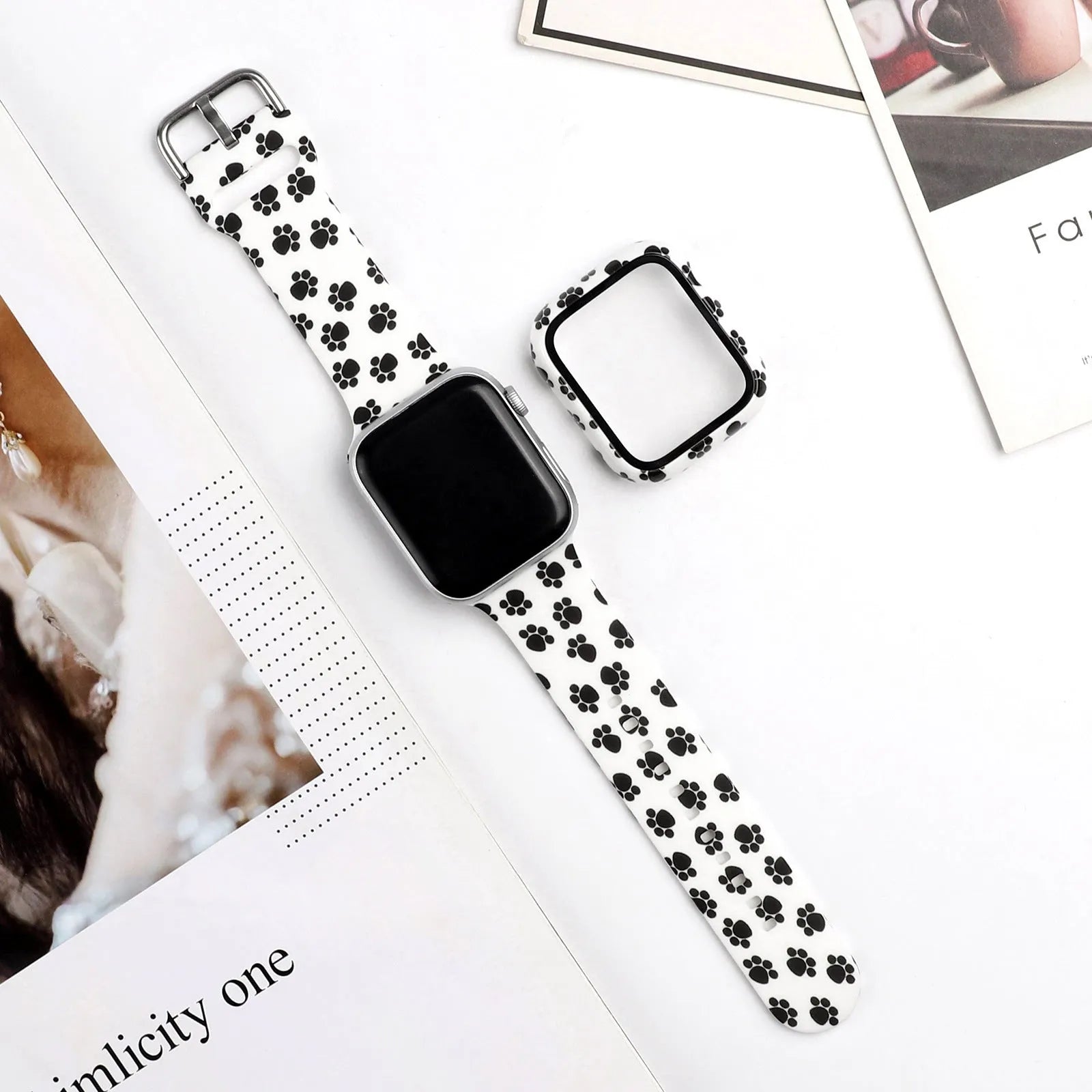 Printed silicone strap for Apple Watch showing design options and size variations