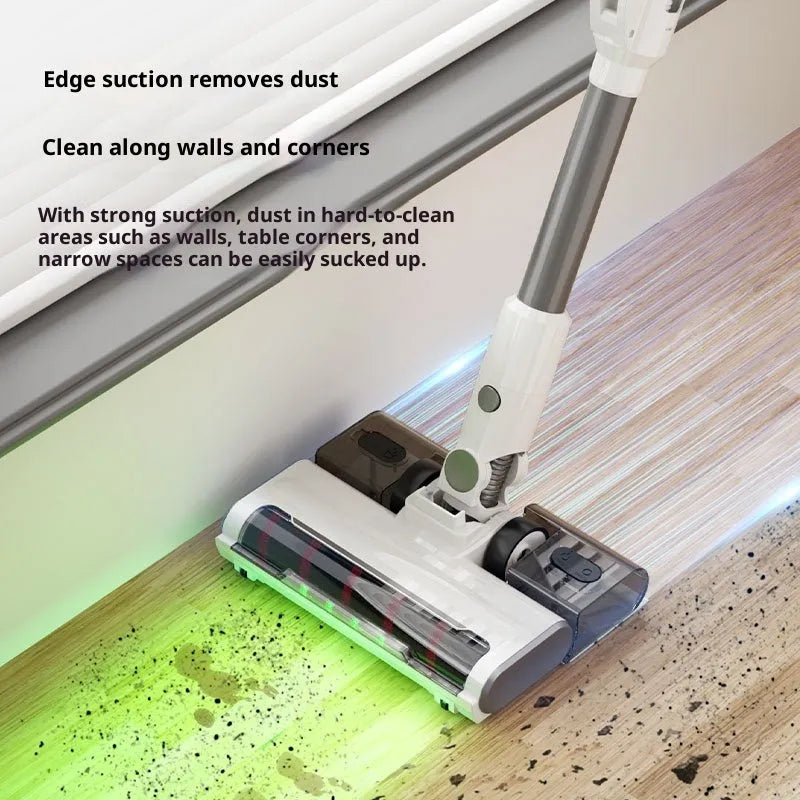 Light gray wireless handheld folding tube vacuum cleaner with LED light on a hard floor