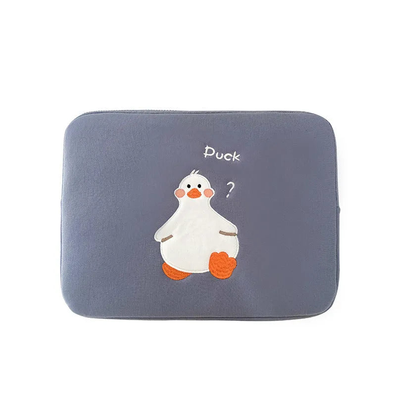 Blue tablet case with embroidered cartoon duck design and zipper closure