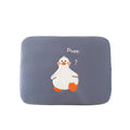 Blue tablet case with embroidered cartoon duck design and zipper closure