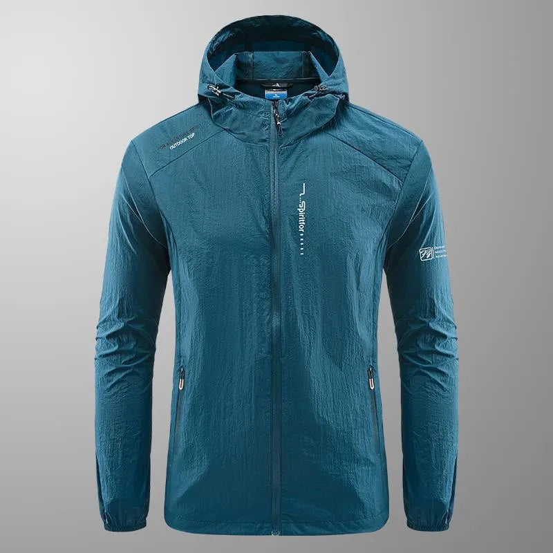 Men's hooded summer jacket in thin nylon fabric, loose fit, available in light grey, dark grey, black, dark blue, and denim blue
