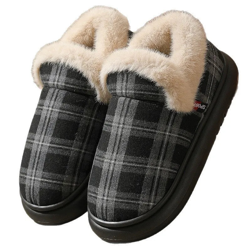 Plaid pattern suede ankle wrap slippers for men and women available in coffee, gray, green, and red