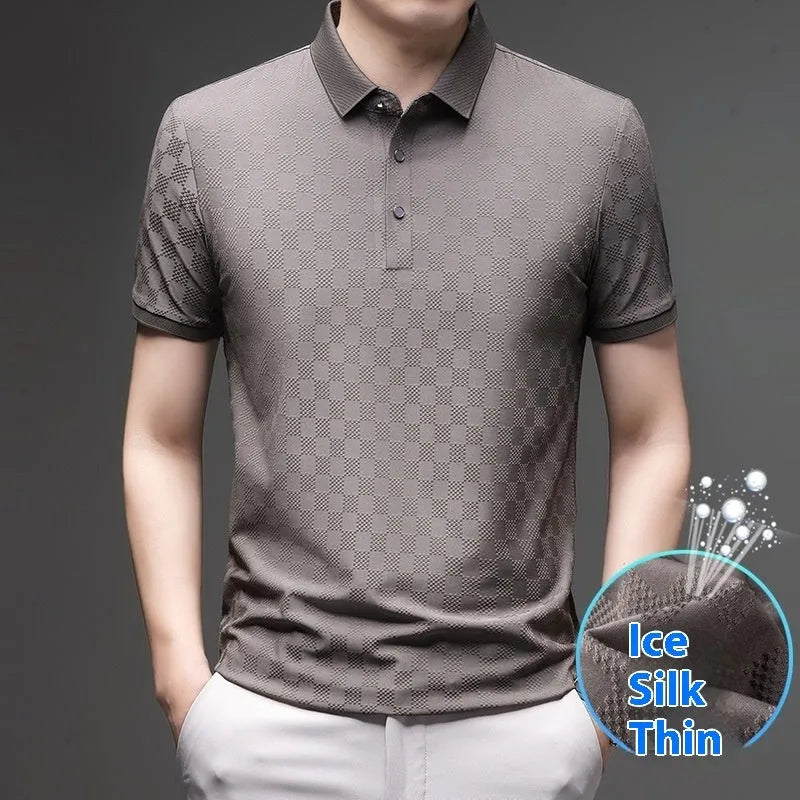 Rhombus brand thin ice silk short sleeve T-shirt for men in black, showing V-neck with slit detail.