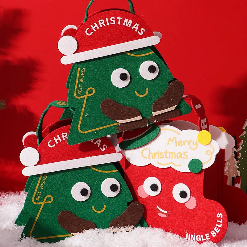 Christmas felt gift bag in green with cartoon design, reusable small gift packaging