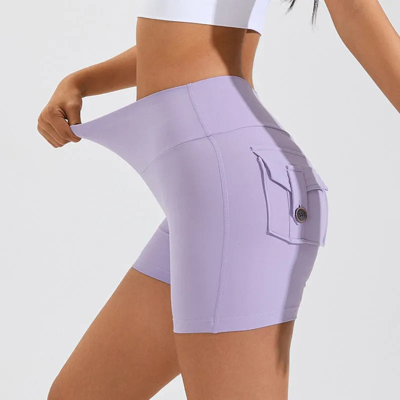Women's high waist yoga shorts in quick-dry nylon fabric with pockets, available in multiple colours