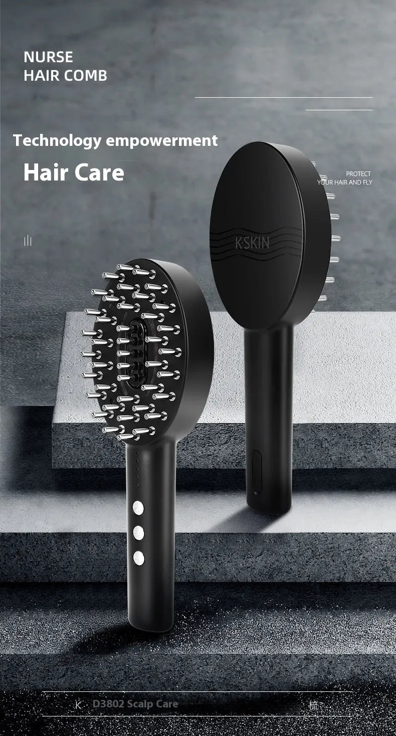 Black rechargeable scalp vibration massage device with multiple therapy heads and charging cable