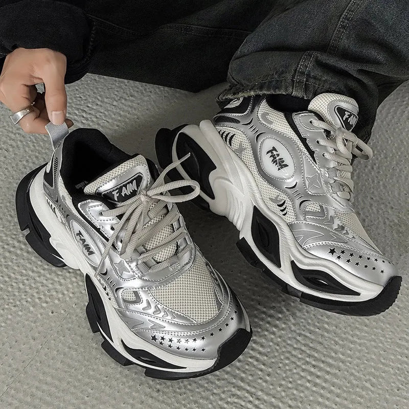 New casual unisex platform shoes with pointed toe in Liquid Silver colour, PU mesh upper