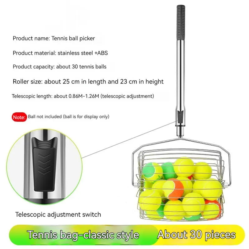 Stainless steel tennis ball picker roller with adjustable handle on a tennis court